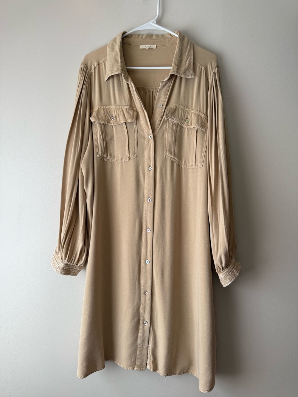 Easel Tan Button-Front Long Sleeve Shirt Dress